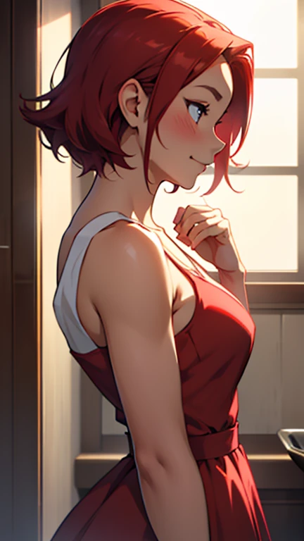 Chica, with her short, gleaming ruby anime-style hair and vivid red dress, poses with a subtle smirk, her beautiful face bathed in the soft, warm light. Her profile view is a captivating display of her distinct charm, enhancing every intricacy - the gentle...