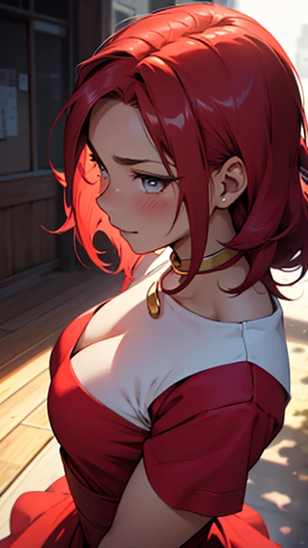 Chica, with her short, gleaming ruby anime-style hair and vivid red dress, poses with a subtle smirk, her beautiful face bathed in the soft, warm light. Her profile view is a captivating display of her distinct charm, enhancing every intricacy - the gentle...