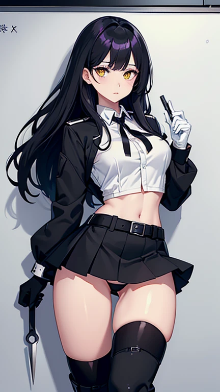 high quality、２０generation((whole body、woman、Yellow Eyes、Black and white long hair、Short shirt with a hem、Black gloves、Belt with holster、stomach、Holding scissors、A long black skirt that shows off your legs、Skirt flip、Purple ribbon、White underwear、Panties in...