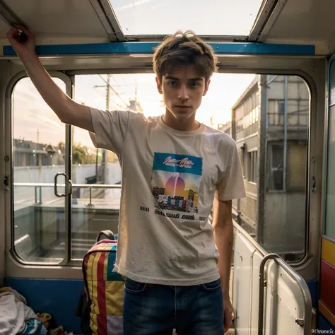 Un homme twink mignon de 19 ans d1m74 assez fin. Il porte un t-shirt multicolore très ample et se cache dans unvieux train abandonné. Il a le regard apeuré. There is a light from the sunset reflecting on his skin.