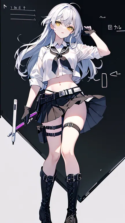 high quality、２０generation((whole body、woman、Yellow Eyes、Black and white long hair、Short shirt with a hem、Black gloves、Belt with holster、stomach、I have a pen、A long black skirt that shows off your legs、Skirt flip、Purple ribbon、White underwear、Panties in ful...