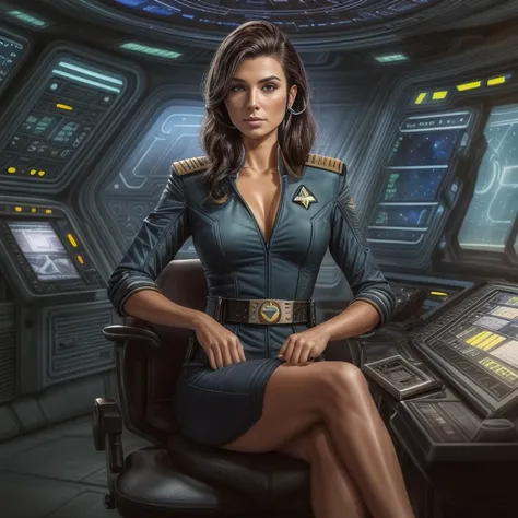 Female Starship Enterprise Officer sits in the command chair of her command station. Short tight uniform dress with deep V-neck, ((Starship Enterprise insignia on the chest: 1.3)), communicates with a headset, make up, boots, painted fingernails, (phaser w...