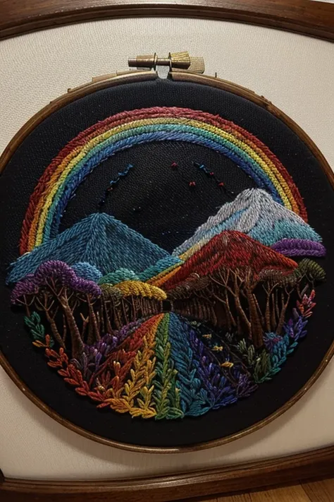 An image of a rainbow that is embroidered on a frame that is embroidered.