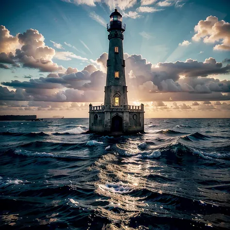 Double layer carina with a surrealistic volume effect by layering different styles, a surreal grotesque image of a lonely lighthouse at sunset on the sea on one layer surrounded by an elegant intricate patterned border done in the second layer, the combina...