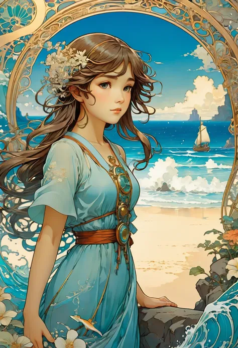 Blue Coast, beach, by Studio Ghibli and Alphonse Mucha, best quality, masterpiece, very aesthetic, perfect composition, intricate details, ultra-detailed