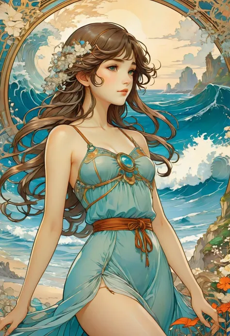 Blue Coast, beach, by Studio Ghibli and Alphonse Mucha, best quality, masterpiece, very aesthetic, perfect composition, intricate details, ultra-detailed