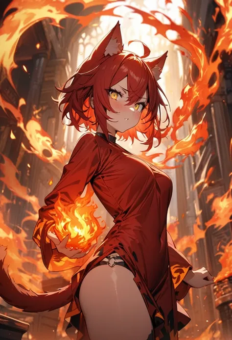 masterpiece, best quality, ultra-detailed, 1girl, short hair, red hair, hair of fire, nekomimi, cats eyes, yellow eyes, red cat girl, red clothes, cat tail, fire magic, fire effects