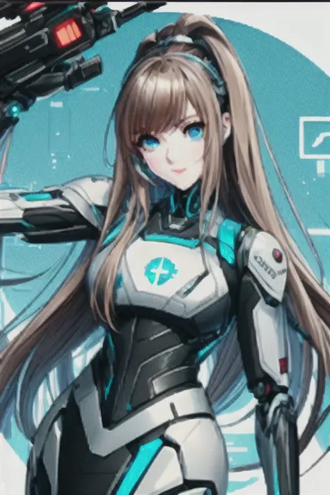 a close-up of a person with long hair and a robot suit, cyborg - garota, perfect android garota, cyborg garota, android heroine, mulher ciborgue de anime perfeita, beutiful garota cyborg, Biomechanical Oppai, anime cyborg, cute cyborg garota, beutiful whit...