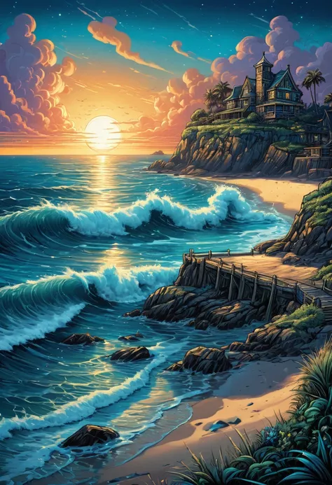 Blue Coast, beach, by dan mumford, best quality, masterpiece, very aesthetic, perfect composition, intricate details, ultra-detailed