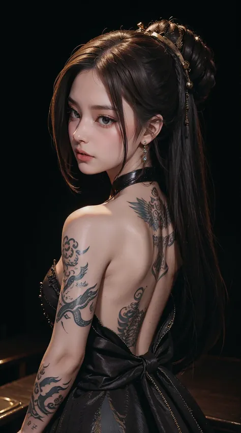 ((masterpiece, wlope style, artwork, portrait, half body)) beautiful and elegant yakuza girl dramatically looking at her right s...