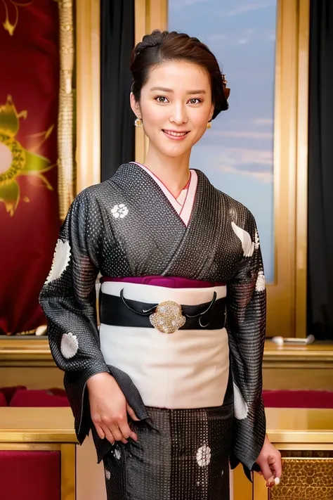 (4K,   highest quality, High resolution:1.2), (Realistic, photo-Realistic:1.37),  Emi Takei,
One girl, detailed eye, smile, Earrings, jewelry, black_hair, Brown_eye, lips, kimono, heart,  luxury kimono, golden kimono, (In-person audience, View your viewers...