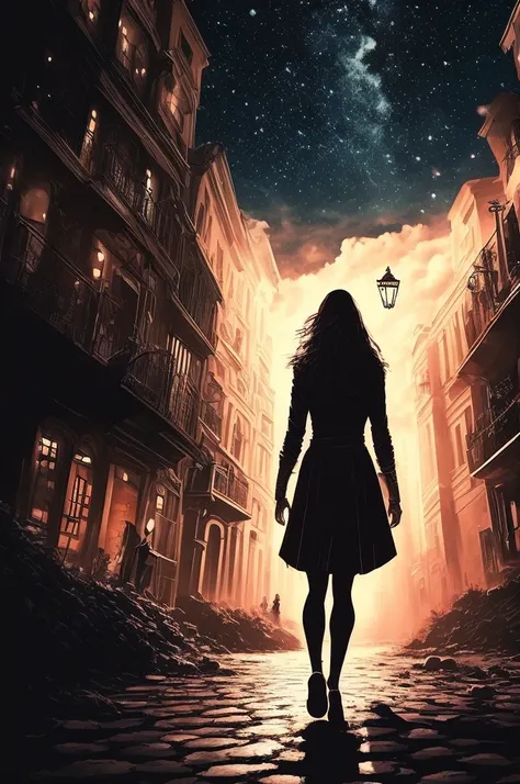 Na calada da noite, under a starry sky covered by dark clouds, a lone figure emerges from the shadows. Her footsteps echo in the silence as she wanders the dark alleys of an abandoned city.. Your eyes are wide open, captando cada detalhe do ambiente hostil...