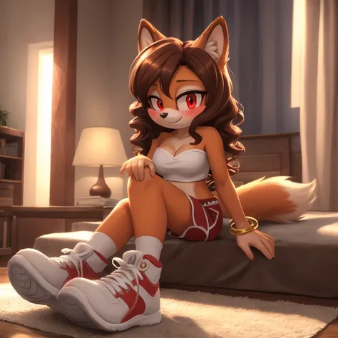 mobian, hedgehog, two-tone fur ((orange fur, brown fur)), pyjama elastic shorts, strapless crop top, cleavage, high-top sneakers, two-tone hair (brown hair, black tip)), curly hair, halo, sunglasses, jewelry, red eyes, longeyelashes, red eyes, smile, shy, ...