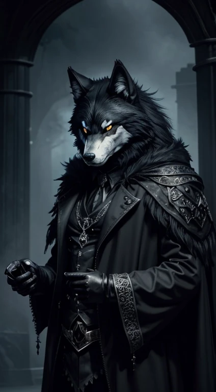 wolf mask, gothic style, creepy, sexy, dark fantasy, magic ball background, dark energy steam, full body