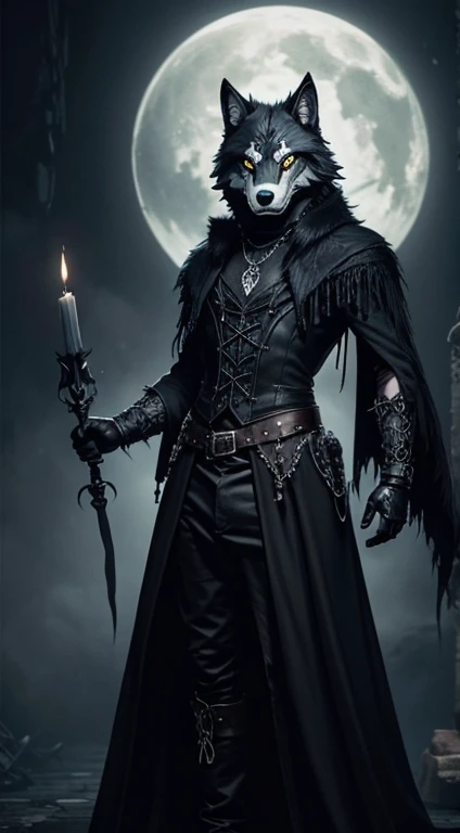 wolf mask, gothic style, creepy, sexy, dark fantasy, magic ball background, dark energy steam, full body