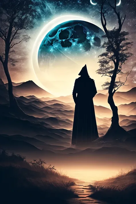 Under the cover of night, a crescent moon hangs in the sky, casting a dim light over the shadow-shrouded landscape. Its pale rays illuminate the path of a lone figure who ventures through the darkness, as shadows dance around him. The moon, an ancient symb...