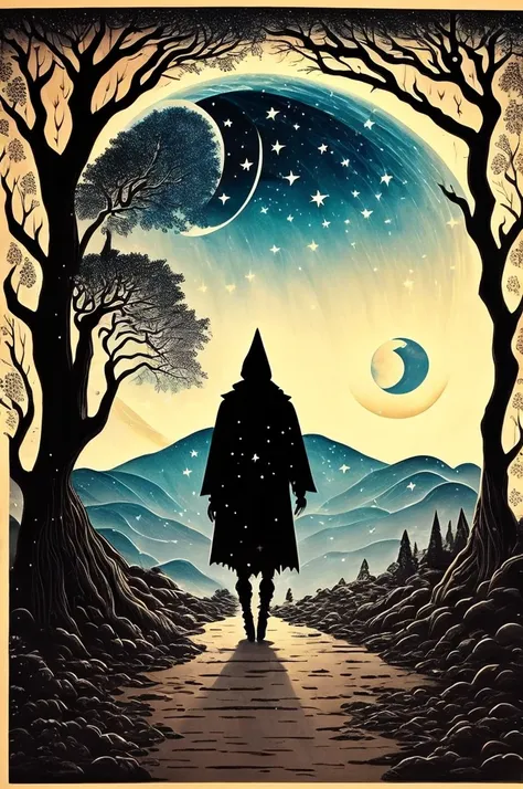 Under the cover of night, a crescent moon hangs in the sky, casting a dim light over the shadow-shrouded landscape. Its pale rays illuminate the path of a lone figure who ventures through the darkness, as shadows dance around him. The moon, an ancient symb...