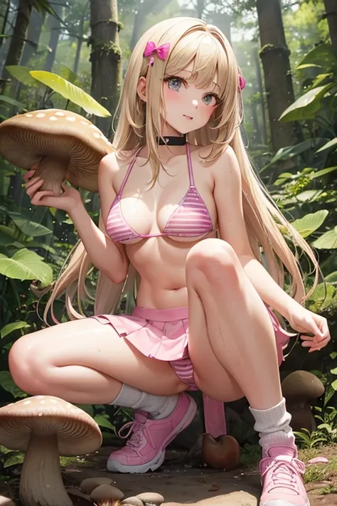 1girl, cute, teen, slender, round face shape with angular jaw, blonde with bangs, grey eyes, bikini top, picking wet pink colorful mushrooms in a celestial forest, sunshine, stripe socks, pink skirt, hhorny touch, windy