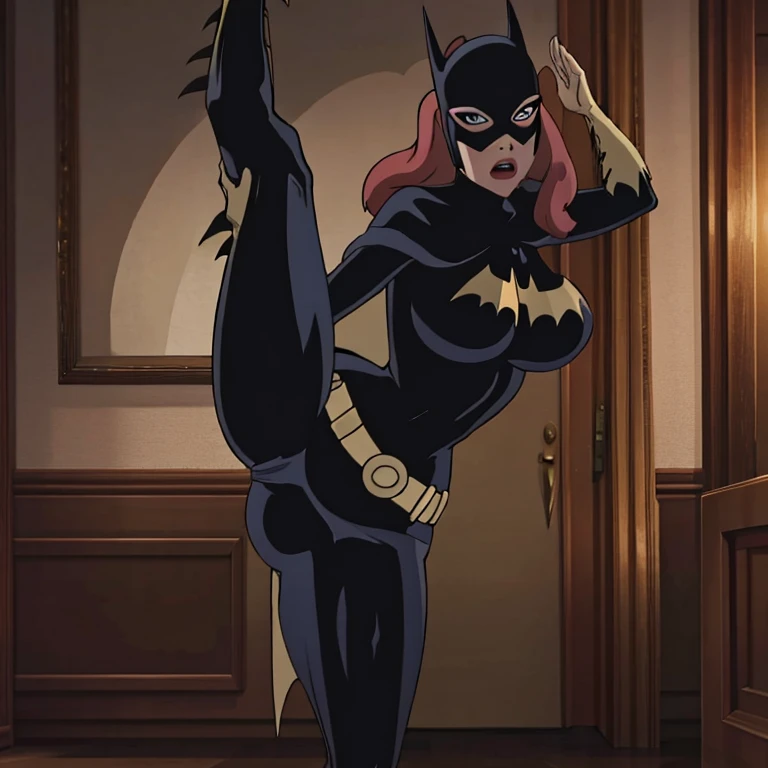 batgirl, large breasts, wide hips, 8k, high resolution, cinematic lighting, big ass, bedroom setting standing split, hard nipples, standing split 