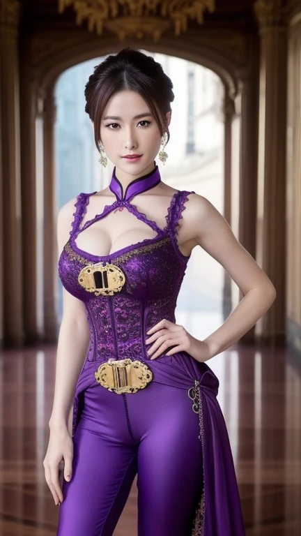 purple spandex cheongsam, perfect face, with the backdrop of a complex french palace including gardens, one girl, masterpiece, p...