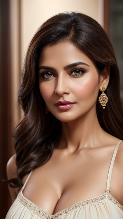 craft a hyper realistic vertical photo of Indian most attractive attitude woman in her 40s cream blue dress, extra big chest, 36d, flirty gaze, light brown hair, trending on artstation, portrait,  sleek, highly detailed, formal, determined, pink liner lips...