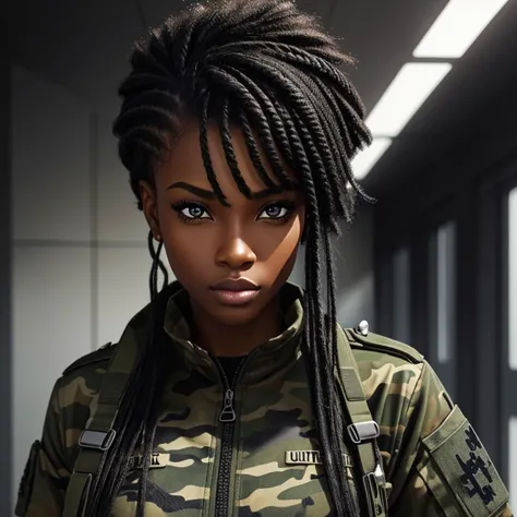 Ultra detailed drawing, a very beautiful black military woman, yeux hypnotisant, corps fantasmatique, tenue camouflage, black hair blonde streak.