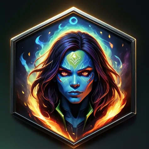 Type de badge,Seulement badge,Insigne de type gamora,Seulement,regarder le spectateur,yeux bleus,1girl,foyer masculin,pas dhumains,glowing,fond noir,portrait,tout droit,fire,long hair
