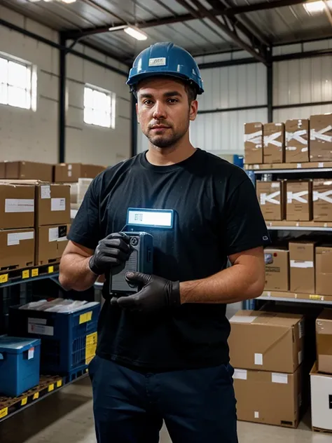 A well-lit photo of a man with a barcode scanner, pointing it at a box on a shelf in an industrial warehouse. The man is dressed in a

casual outfit, with a protective helmet and gloves. The barcode scanner has a blue backlight, and the background shows th...