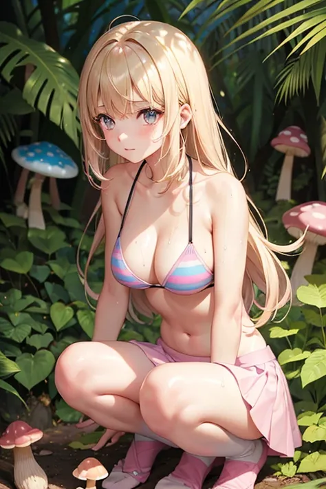 1girl, cute, slender, round face shape with angular jaw, blonde with bangs, grey eyes, bikini top, picking wet pink colorful mushrooms in a celestial forest, sunshine, stripe socks, pink skirt, hhorny touch, windy