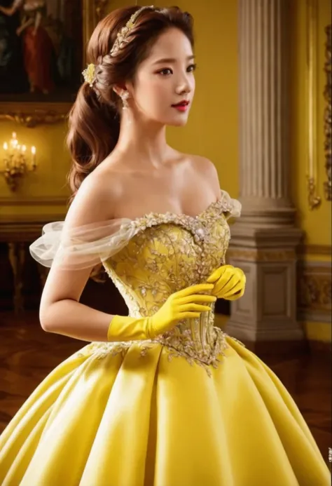 Una mujer con un vestido amarillo y guantes posando para una foto., vestido real, princesa hermosa, hermosa princesa femenina, vestido real, hermosa mujer amarilla, lady wearing yellow dress, dressed hermoso vestido, elegante piel amarilla, ornate vestido ...