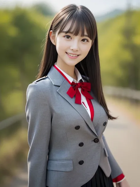 (The female has light grey eyes:1.5)、(Close-up portrait of a slender large-breasted woman、Wearing a black blazer uniform with a red trimmed collar and a black skirt、I have long gray hair with flowing bangs.。:1.5)、(A woman walking along a Japanese country r...