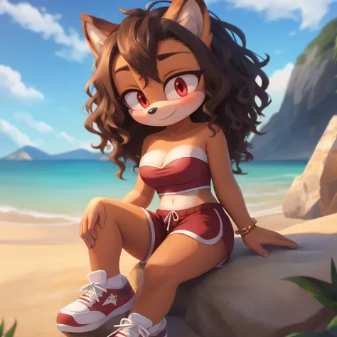 mobian, hedgehog, two-tone fur ((orange fur, brown fur)), pyjama elastic shorts, strapless crop top, cleavage, high-top sneakers, two-tone hair (brown hair, black tip)), curly hair, halo, sunglasses, jewelry, red eyes, longeyelashes, red eyes, smile, shy, ...