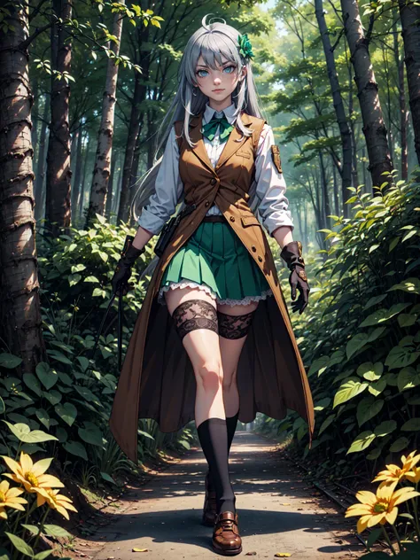 Ultra High Definition, Ultra High Quality, Hyper Definition, Hyper Quality, Hyper Detailed, Extremely Detailed, Perfectly Detailed, 8k, 1 Anime Female, Female Heroic Pose, Full Body, Long Silver Hair, Womens Brown Vest, shirt, Green Skirt, Brown Shoes, Glo...