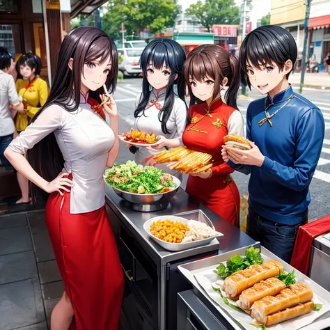 Vietnamese people wearing ao dai　Eating banh mi at a Vietnamese food stall