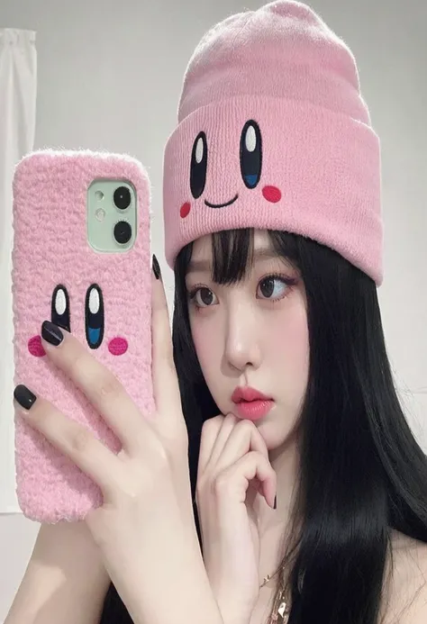 Araffe girl with long black hair wearing a pink hat and holding a pink phone, linda chica kawaii, usando un lindo sombrero, kawaii aesthetic, (colores rosados), estilo durazno y goma, estilo kawaii, ella tiene una cara linda, bella delfina, pink iconic cha...