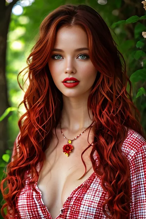 1girl,solo,long hair,breasts,looking at viewer,ginger hair,dress,cleavage,green eyes,jewelry,medium breasts,collarbone,upper body,flower,red hair,earrings,parted lips,necklace,blurry,lips,plaid,makeup,wavy hair,nature,curly hair,realistic