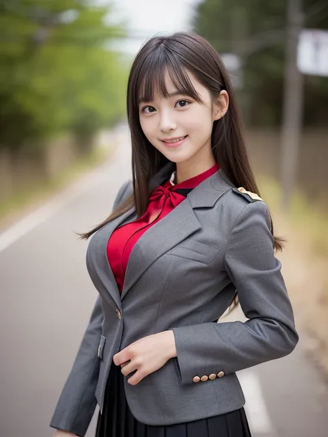 (The female has light grey eyes:1.5)、(Close-up portrait of a slender large-breasted woman、Wearing a black blazer uniform with a red trimmed collar and a black skirt、I have long gray hair with flowing bangs.。:1.5)、(A woman walking along a Japanese country r...