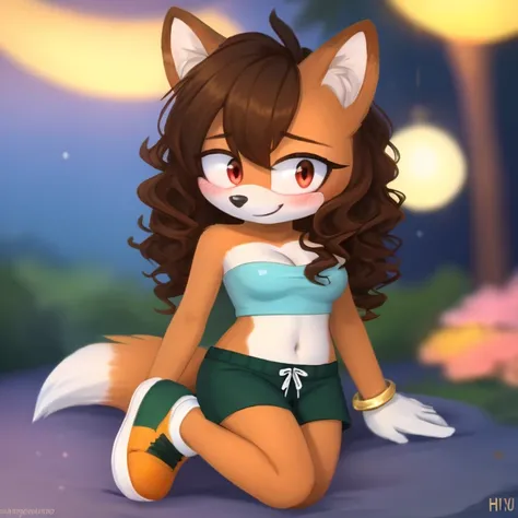 mobian, hedgehog, two-tone fur ((orange fur, brown fur)), pyjama elastic shorts, strapless crop top, cleavage, high-top sneakers, two-tone hair (brown hair, black tip)), curly hair, halo, sunglasses, jewelry, red eyes, longeyelashes, red eyes, smile, shy, ...