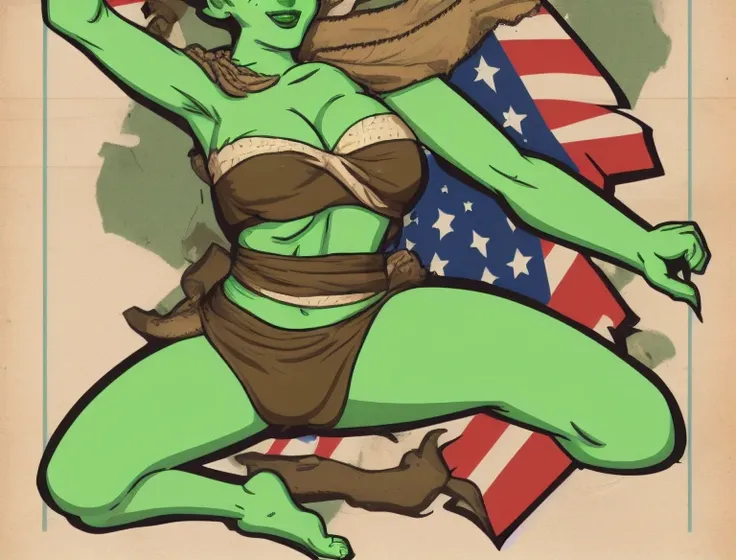 a 30s pinup plane nose art of tendi wearing a ripped burlap bikini sitting on a bomb and holding an american flag, green skin, limited colors, halftone