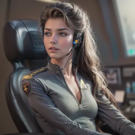 female starship enterprise officer sits in the command chair of her command station. short tight uniform dress with deep v-neck,...