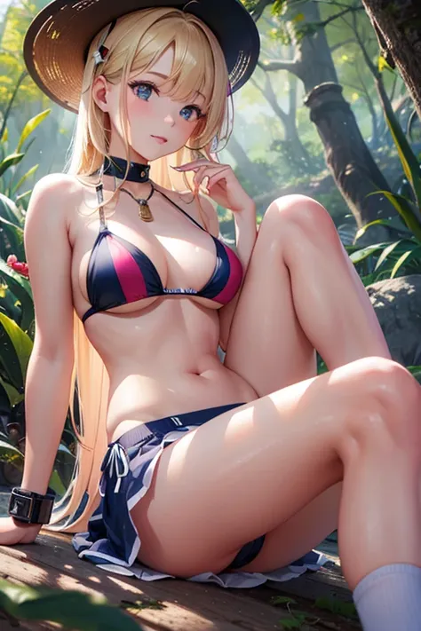 1girl, cute, slender, round face shape with angular jaw, blonde with bangs, grey eyes, bikini top, picking wet pink colorful mushrooms in a celestial forest, sunshine, stripe socks, pink skirt, horny open legs, windy