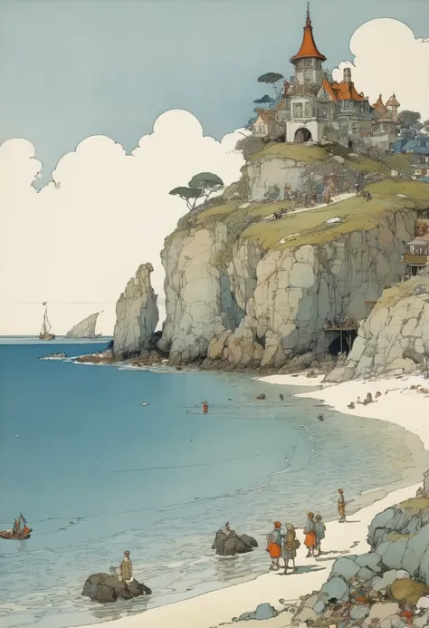 Blue Coast, beach, by W. Heath Robinson, best quality, masterpiece, very aesthetic, perfect composition, intricate details, ultra-detailed