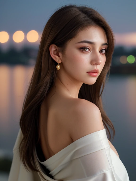 Best quality, masterpiece, high resolution, 1 girl, realism, (high detail skin: 1.2), 8k UHD, DSLR, soft light, high quality, volumetric lighting, photo, high resolution 4K, 8K, blurred background, fireworks in the sky, night, (from behind), (shoulder blad...