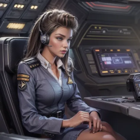 female starship enterprise officer sits in the command chair of her command station. short tight uniform dress with deep v-neck,...