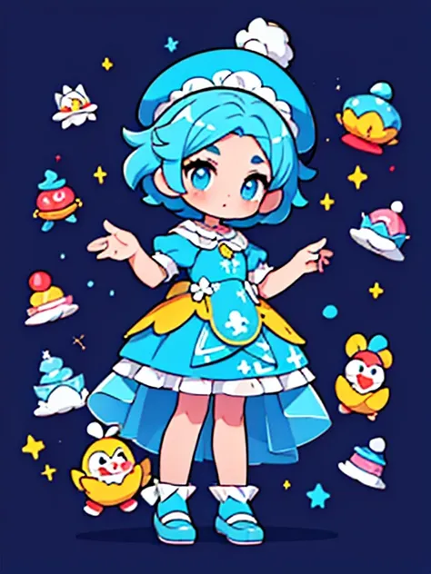 1 chica, cuerpo completo, traje de payaso, ATUENDO DE CIRCO, estrellas, MULTICOLOR, pelo esponjoso, MAKEUP Clown Girl Character Design Sheet,  multicolor, ((afro rizado largo azul y rosa)), mejor calidad, ((vestido de payaso corto abullonado de manga larga...