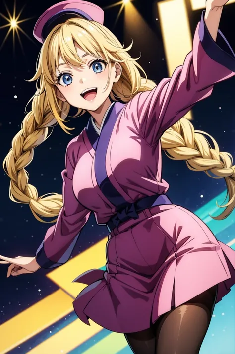 a blonde japanese looking anime female in purple shirt with a hat, 1girl, solo, blonde hair, blue eyes, braid, hat, long hair, spotlight, pantyhose, twin braids, open mouth, smile