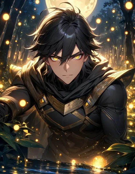 absurdres, highres, ultra detailed, HDR, masterpiece, extremely detailed face and eyes, beautiful eyes, perfect face, delicate features, Ozymandias, expressive yellow eyes, black hair, Fate Grand Order, solo, man, handsome, black clothes, black pants, blac...