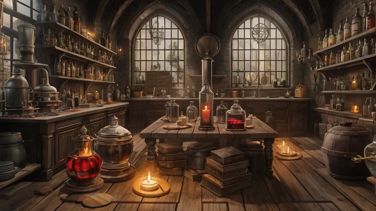 "(fond d&#39;ultra-detailed Unity 8k CG display,chef-d&#39;artwork, best quality, profondeur de champ, HDR, complexe), de Greg Rutkowski, atmosphère sombre et maussade, alchemist preparing potions at their large wooden table in a dark, candlelit undergroun...