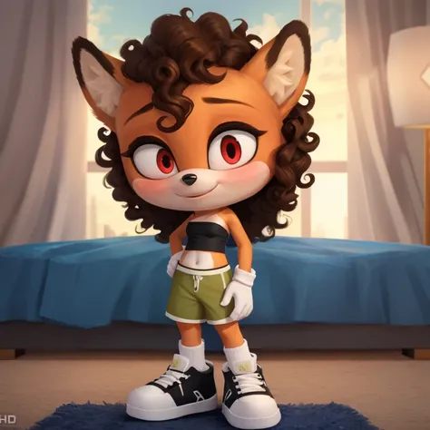 mobian, hedgehog, two-tone fur ((orange fur, brown fur)), pyjama elastic shorts, strapless crop top, cleavage, high-top sneakers, two-tone hair (brown hair, black tip)), curly hair, halo, sunglasses, jewelry, red eyes, longeyelashes, red eyes, smile, shy, ...