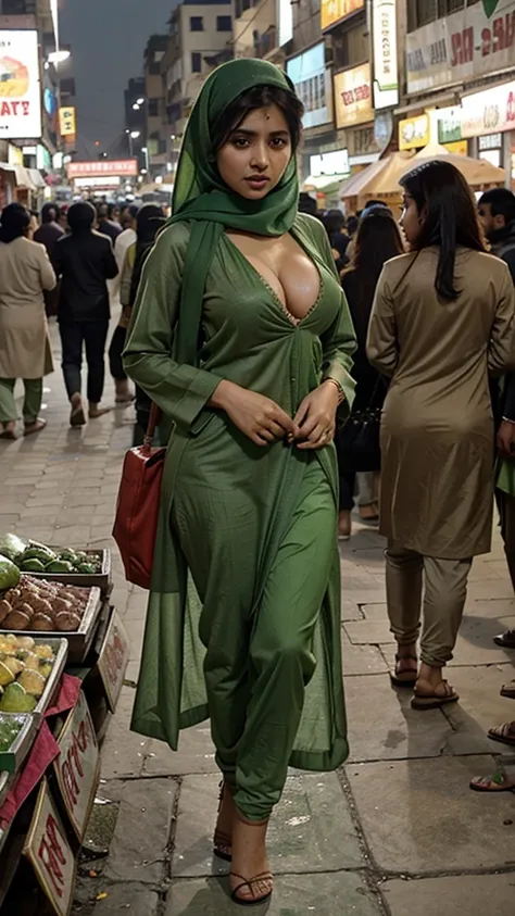 Shazia Khan, A sexy eyed Pakistani 24-year-old woman standing in a busy street market in Lahore, Pakistan, overlooking a picturesque scenery, dressed in revealing green attire wearing a headscarf/hijab with a big cleavage.